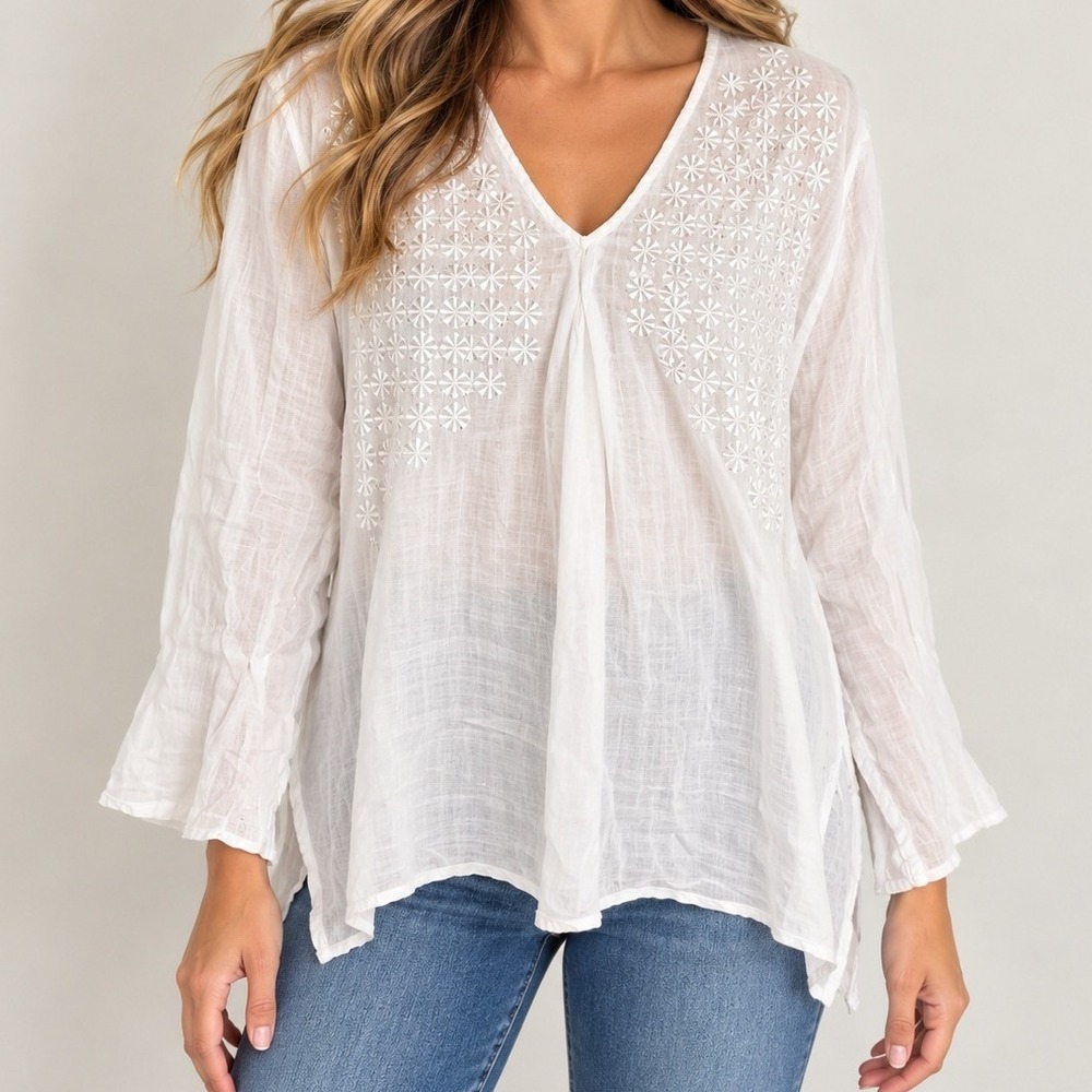 John Mark Ramie Floral Embroidered Blouse Coastal Coquette Clean Girl Vacation